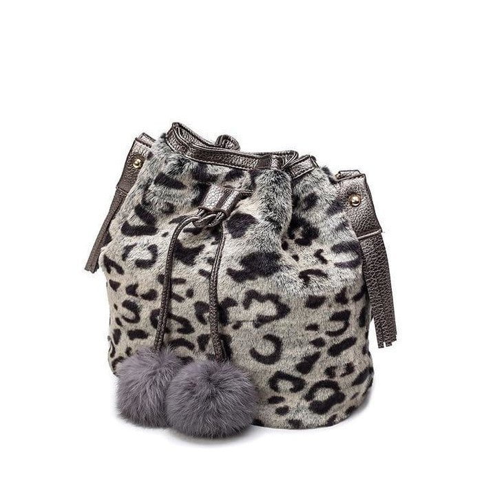 sac seau fourrure gris léopard