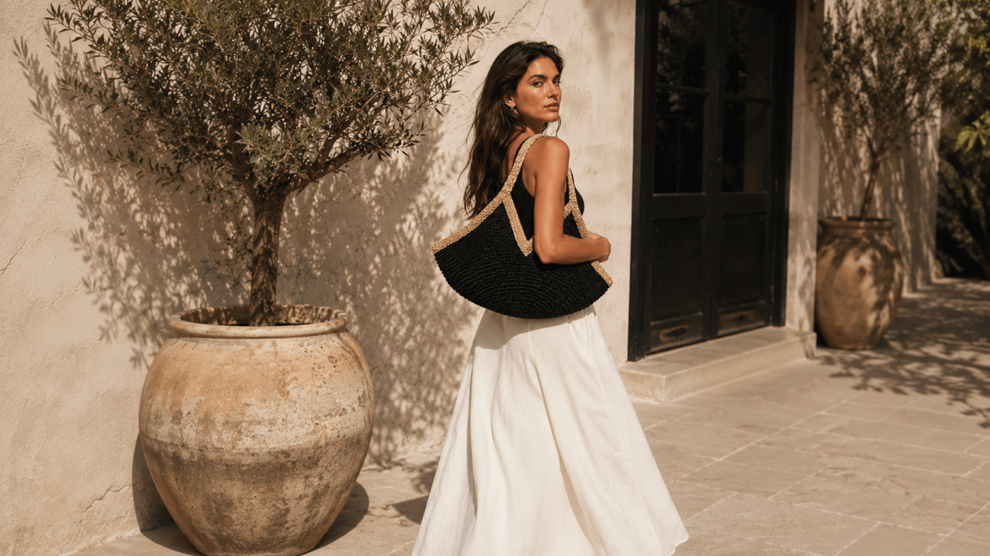 sac paille noir et beige