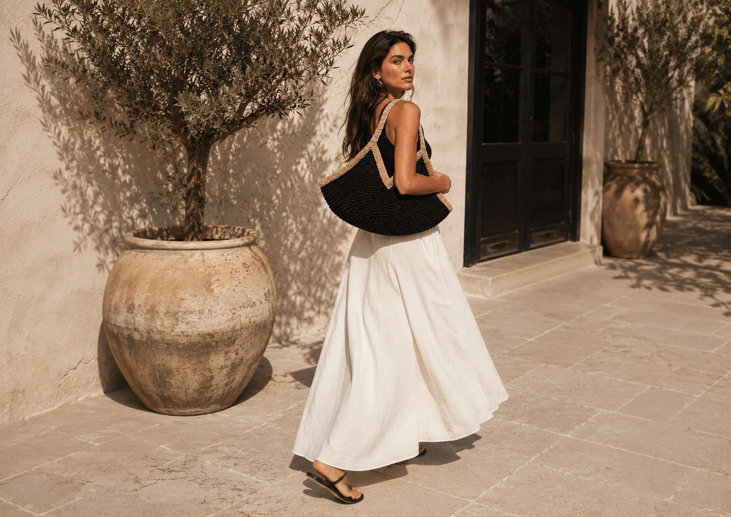 sac paille noir et beige