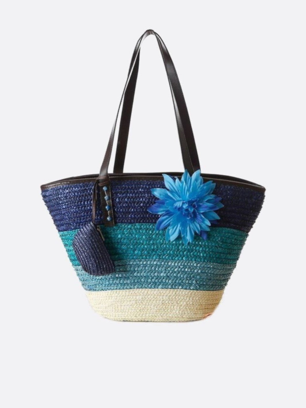 Cabas paille fleurs bleu foncé