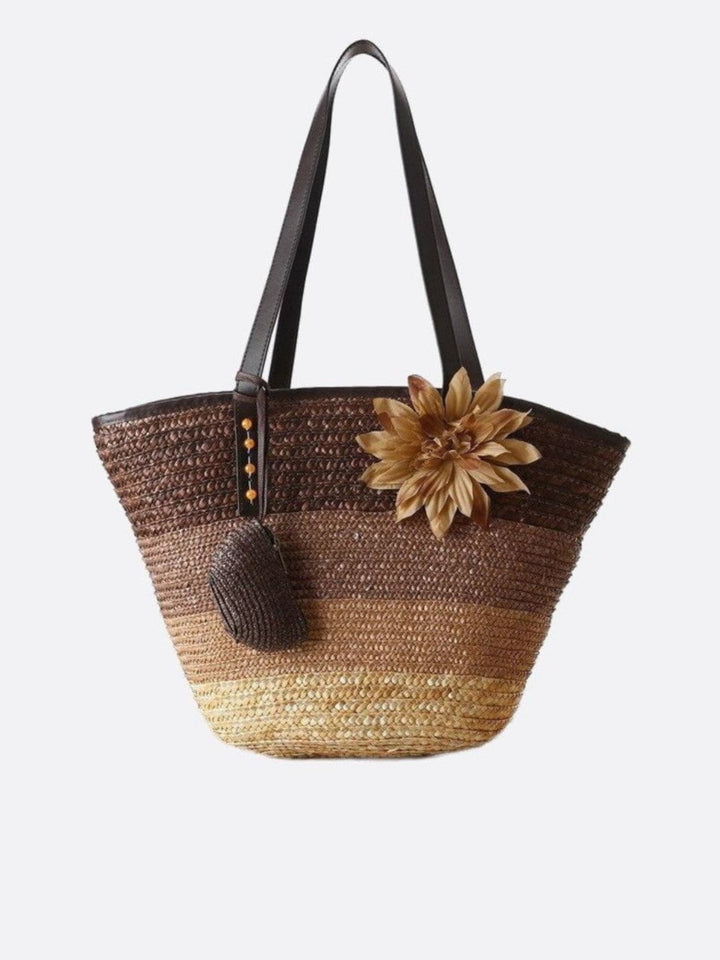 Cabas paille fleurs marron clair