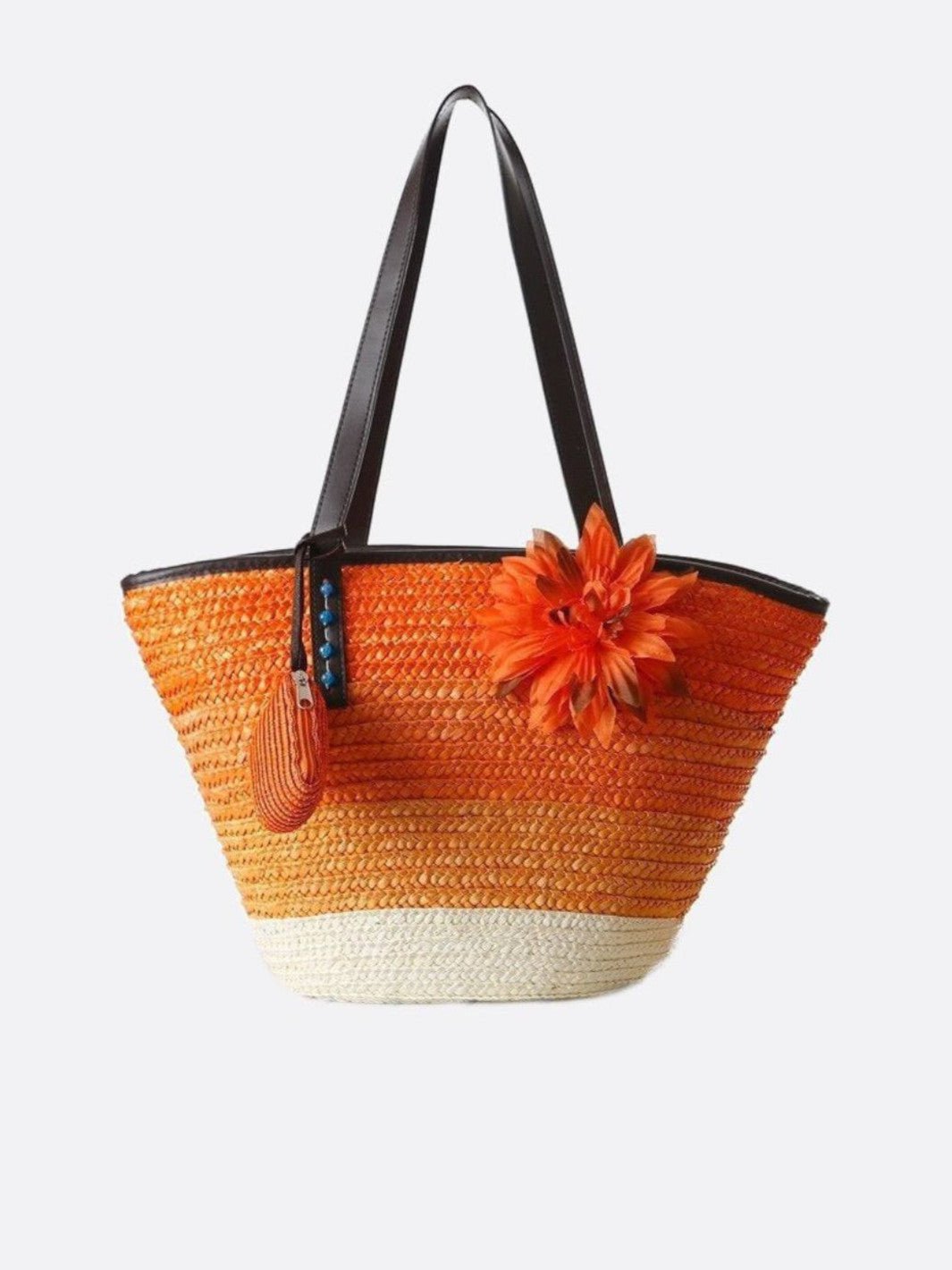 Cabas paille fleurs orange