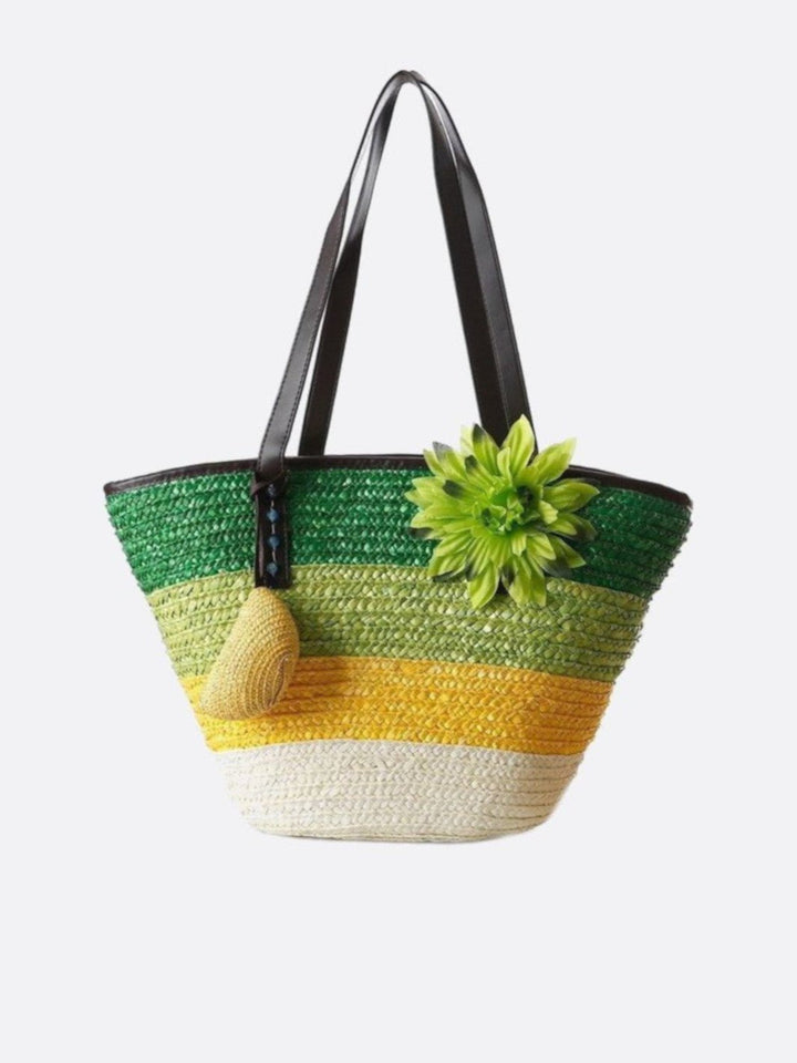 Cabas paille fleurs vert