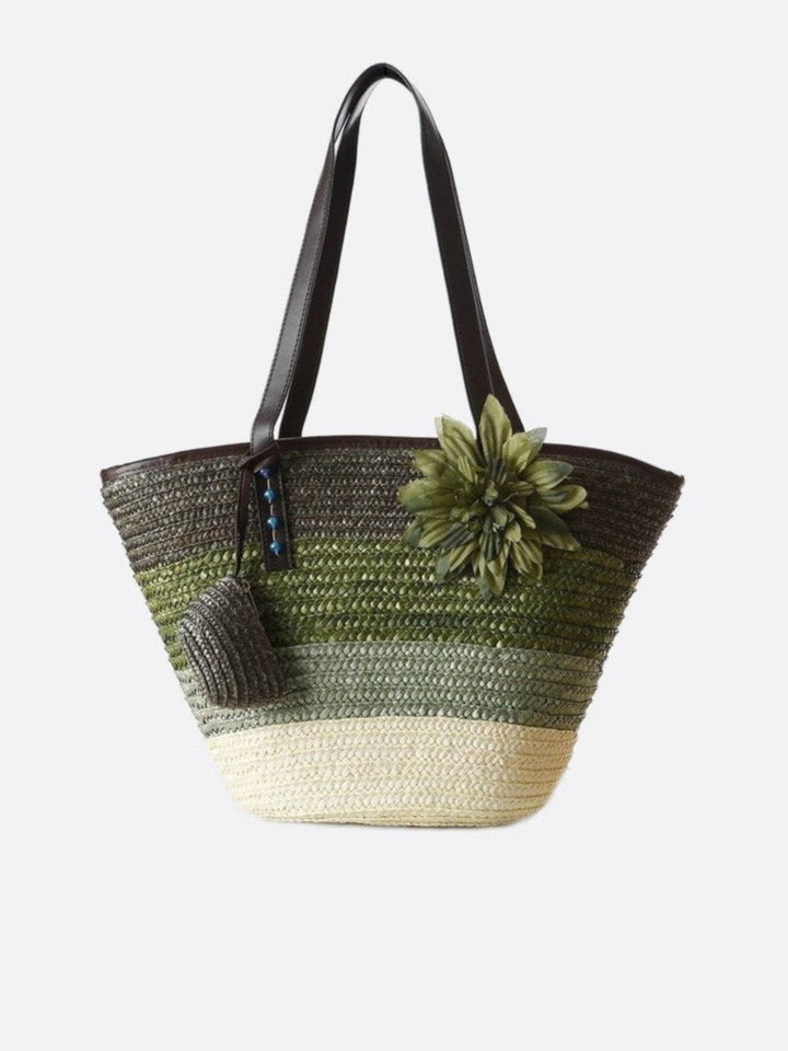 Cabas paille fleurs vert foncé