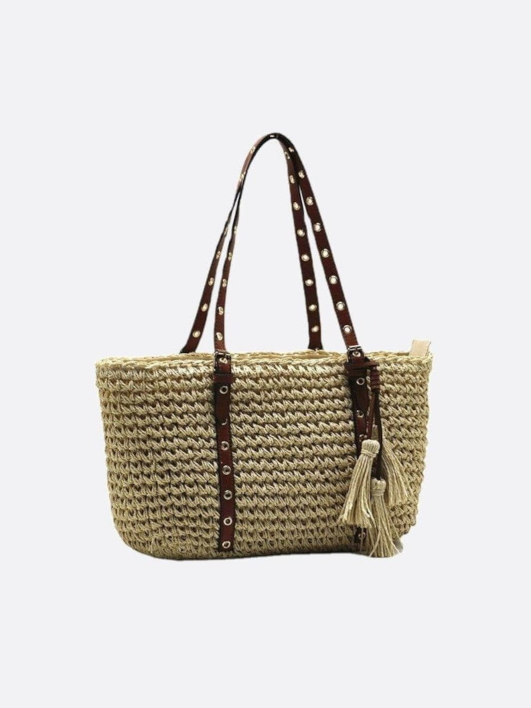 Panier cabas paille et cuir beige