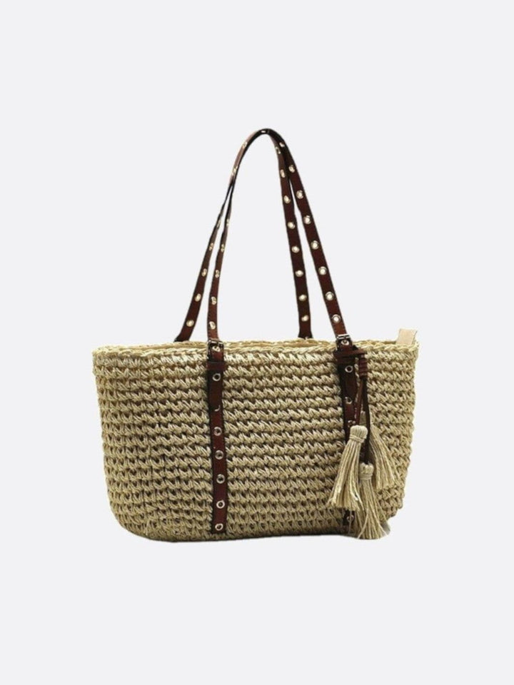 Panier cabas paille et cuir beige