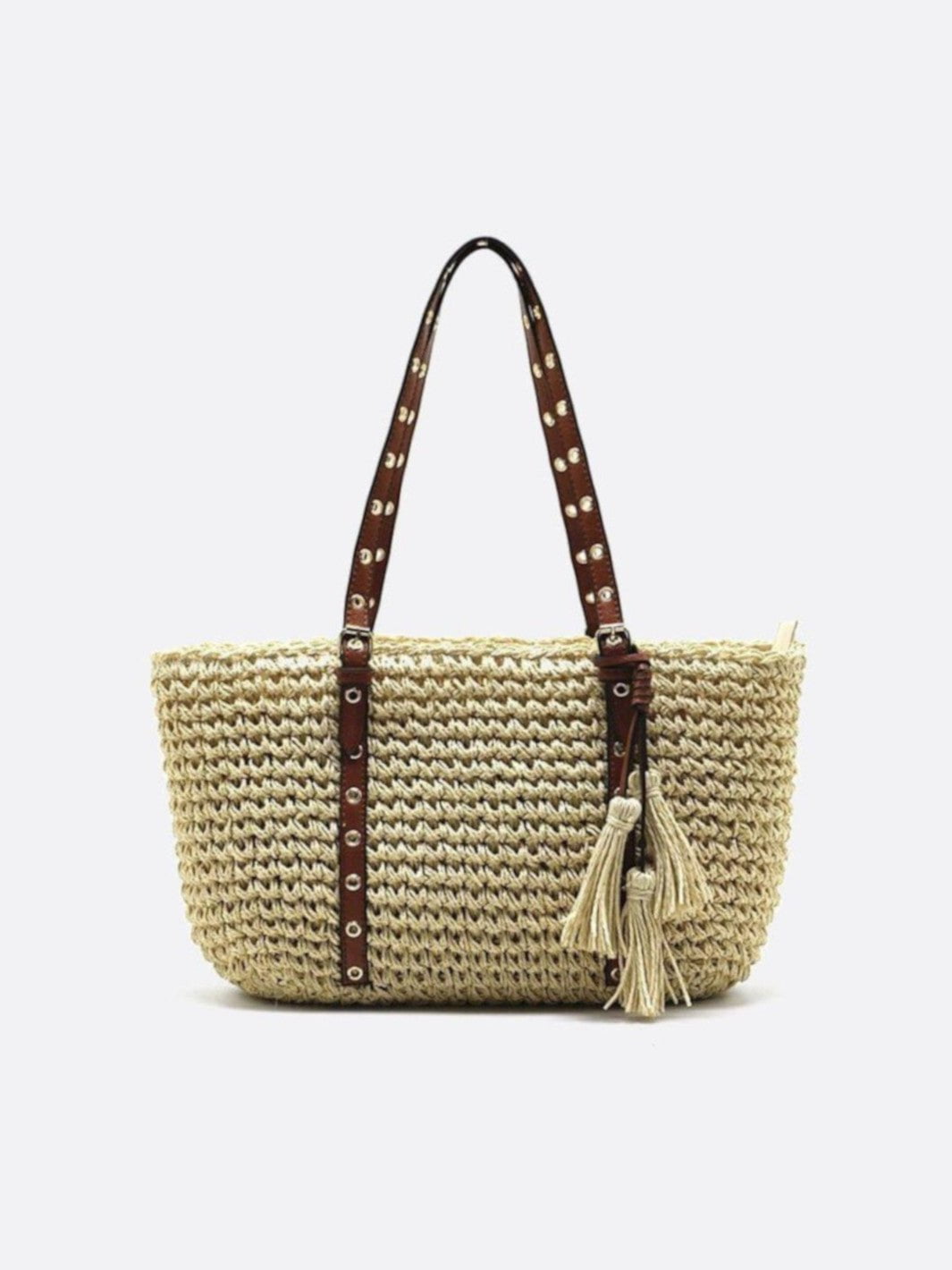 panier cabas paille et cuir beige