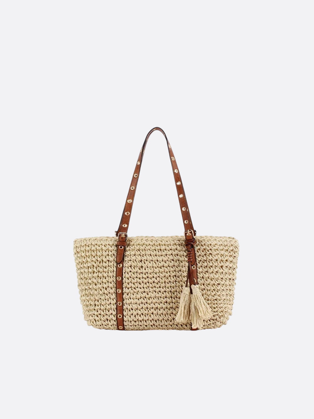 panier cabas paille et cuir beige