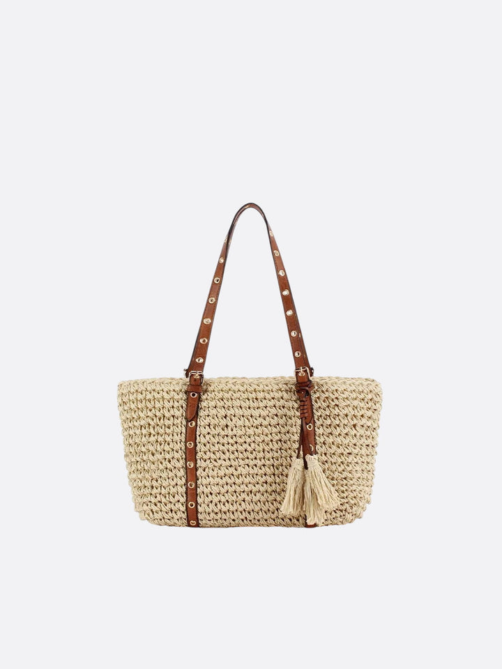 panier cabas paille et cuir beige