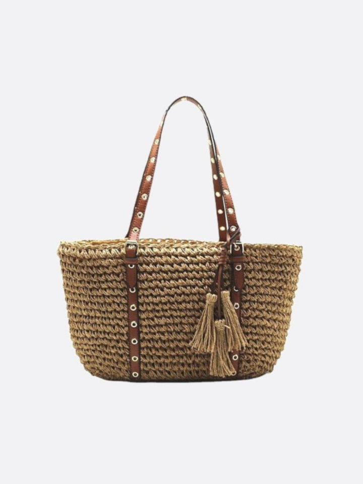 Panier cabas paille et cuir marron