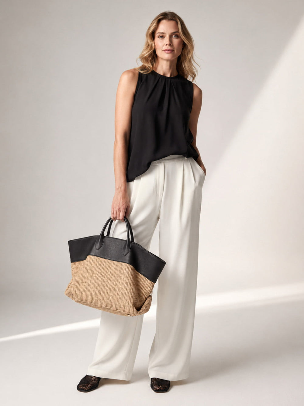sac cabas paille et cuir femme