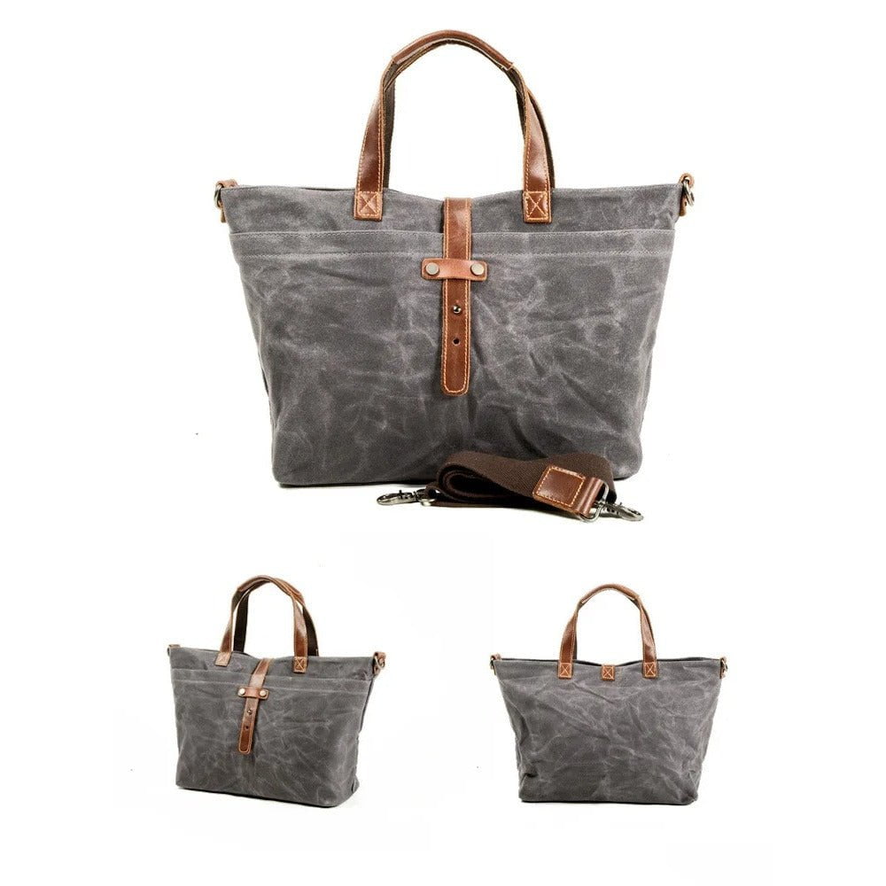 sac cabas toile gris avec anses en cuir