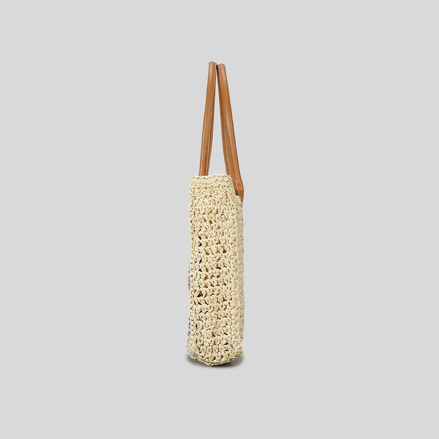 Straw tote bag with crochet flowers