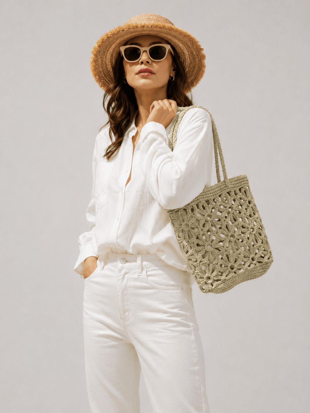 sac paille fleur kaki clair