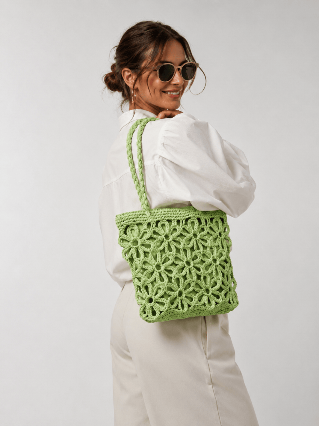 sac paille fleur vert anis
