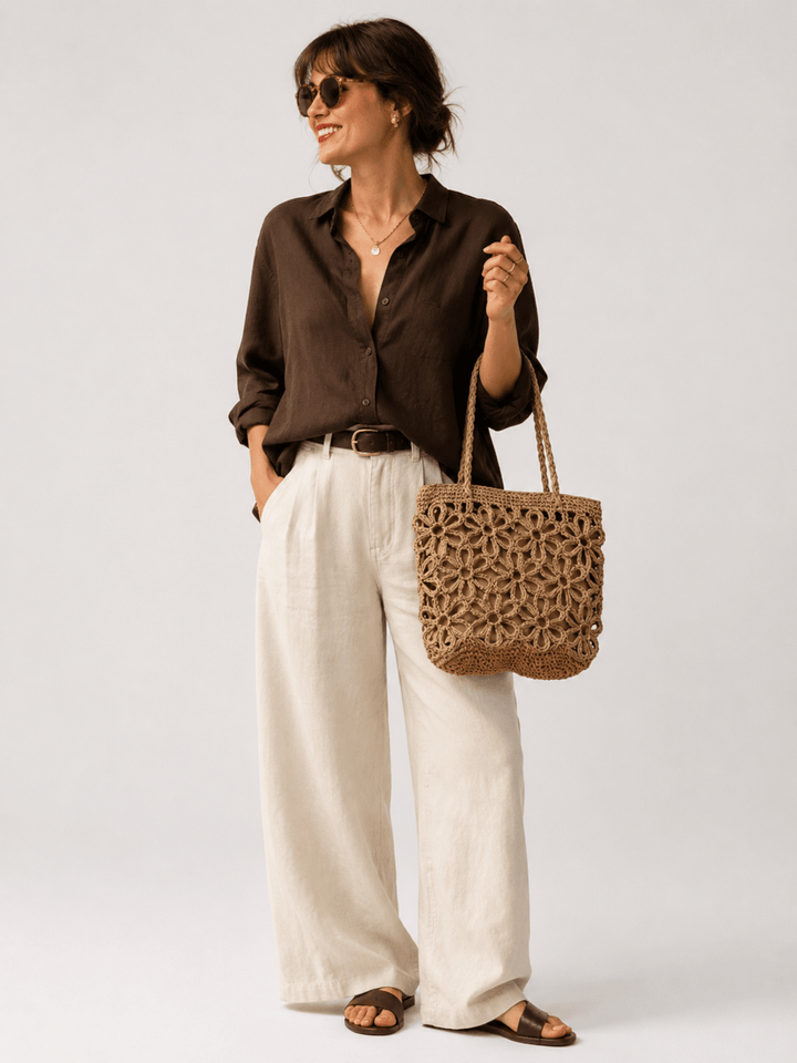 sac paille fleur marron clair