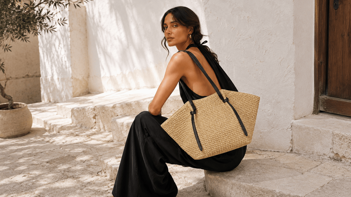 sac paille et cuir noir