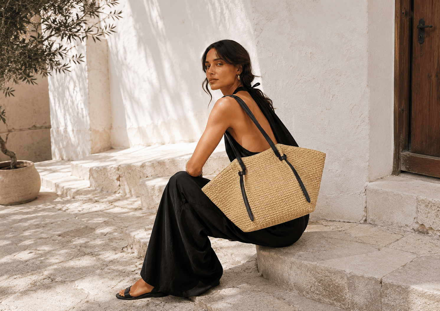 sac paille et cuir noir