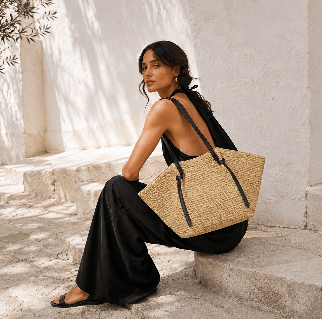 sac paille et cuir noir