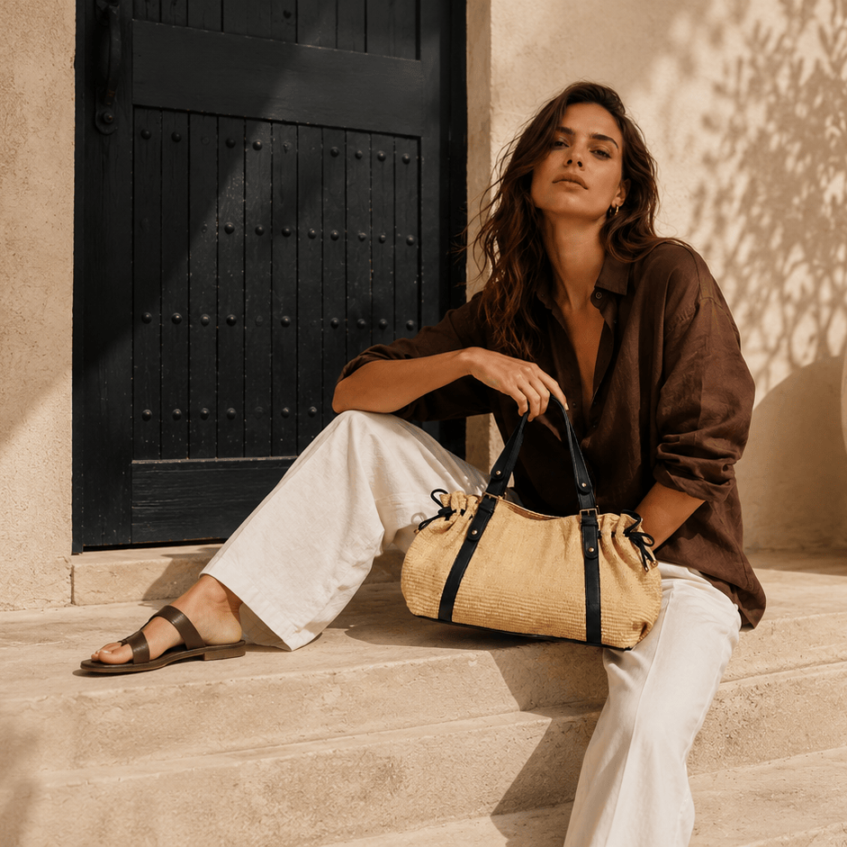 sac paille et cuir noir