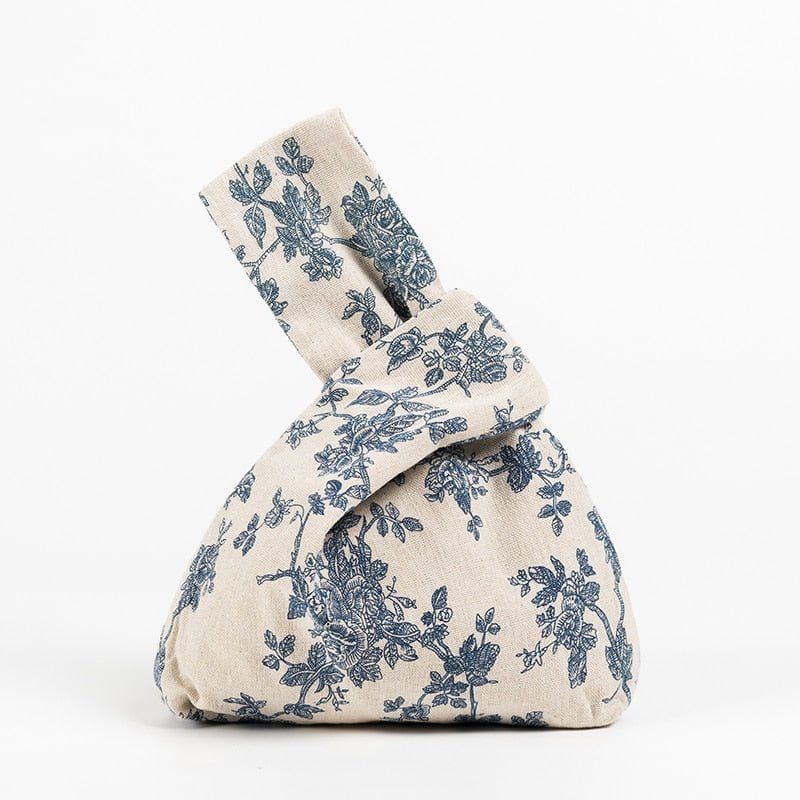 sac à main japonais coton et lin motif floral bleu