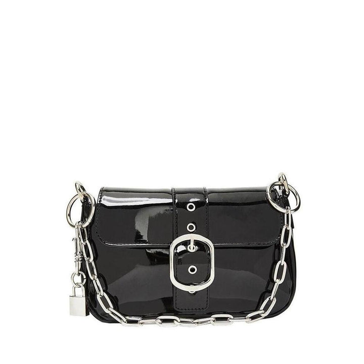 Black patent baguette bag with chain 