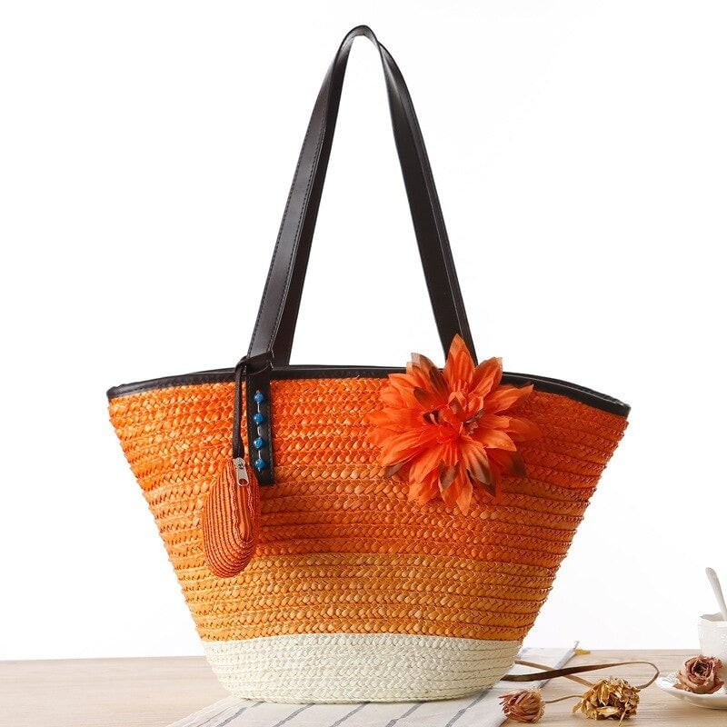 sac cabas paille avec fleur orange