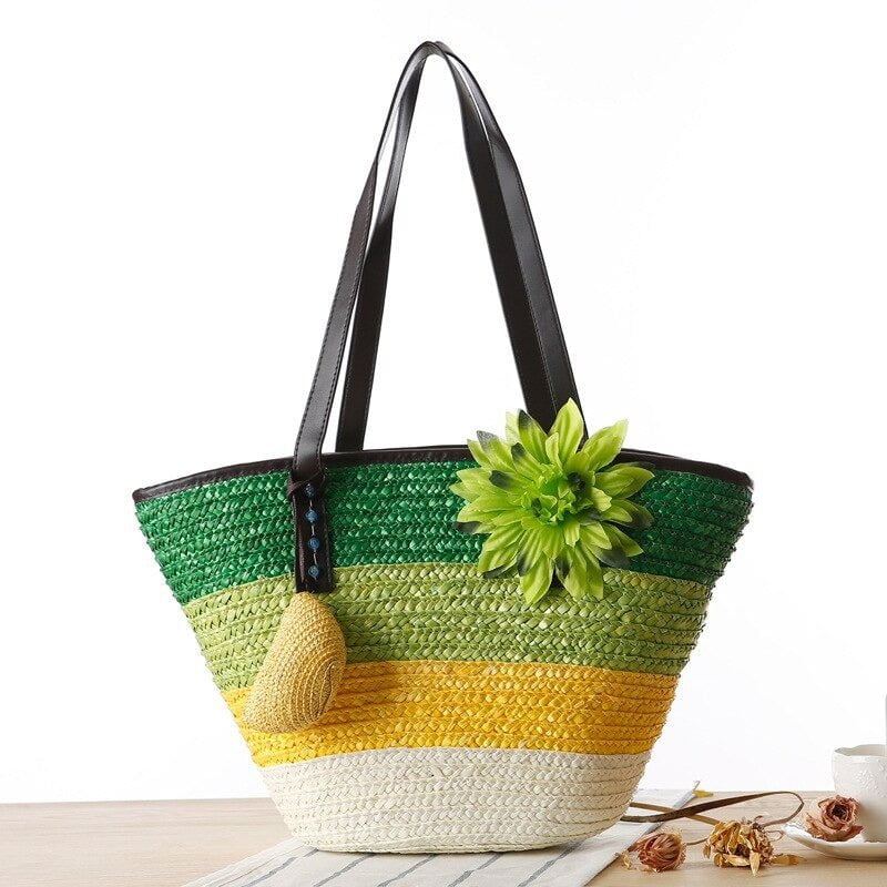 sac cabas paille avec fleur vert