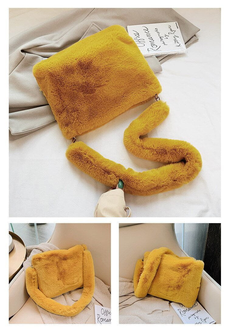 sac bandoulière fausse fourrure avec fermeture éclair jaune moutarde femme