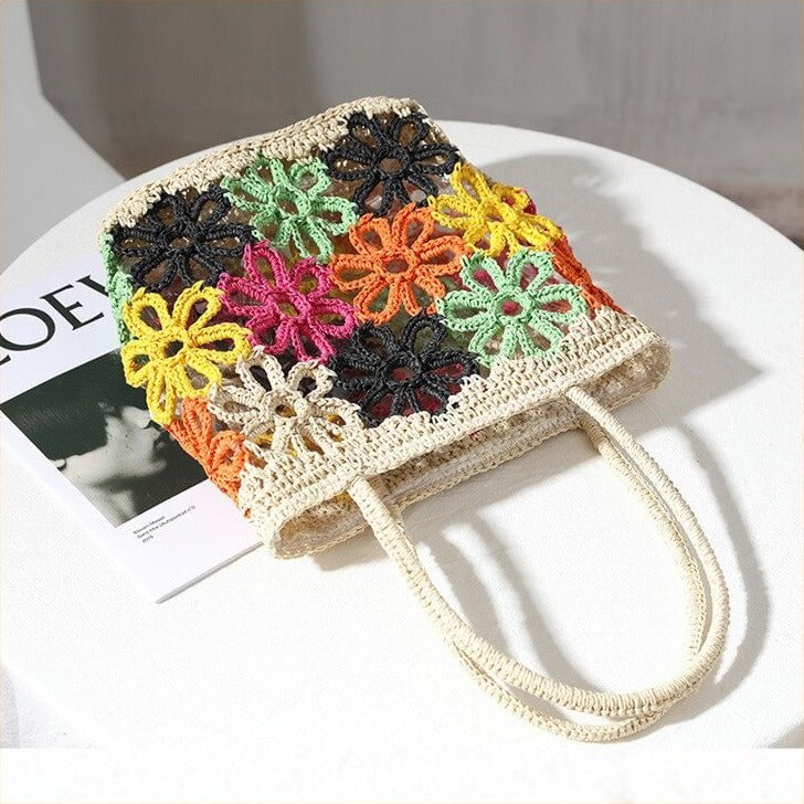sac cabas paille crochet fleurs