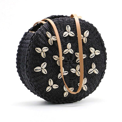 sac rond en corde noir avec coquillage