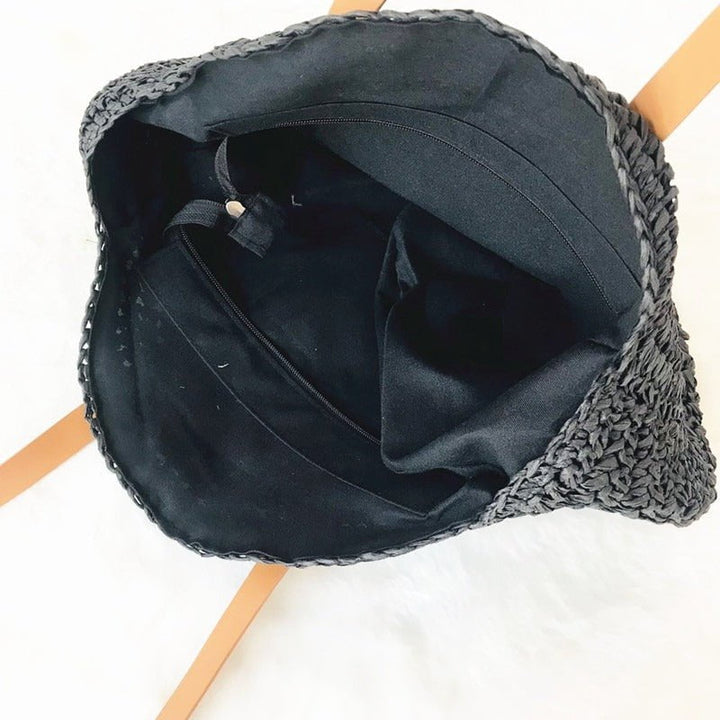 sac porté épaule rond paille noir avec fermeture éclair