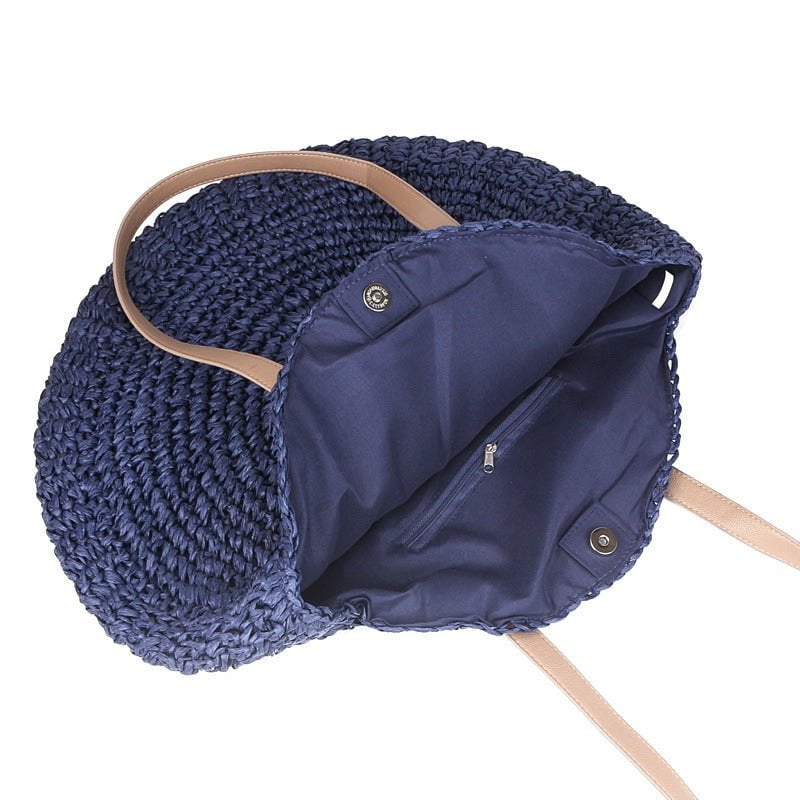 sac porté épaule rond paille bleu avec doublure