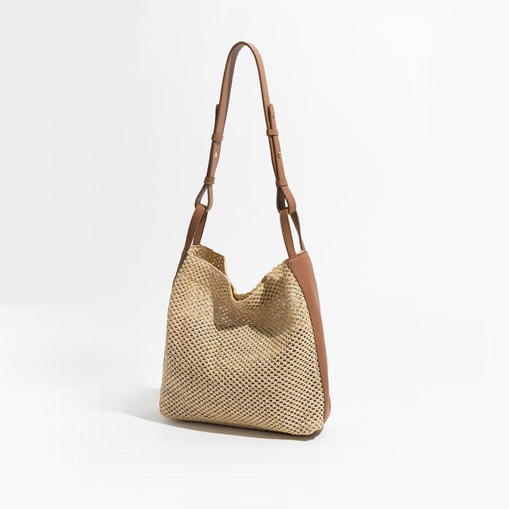 Straw bucket bag with leather pouch 